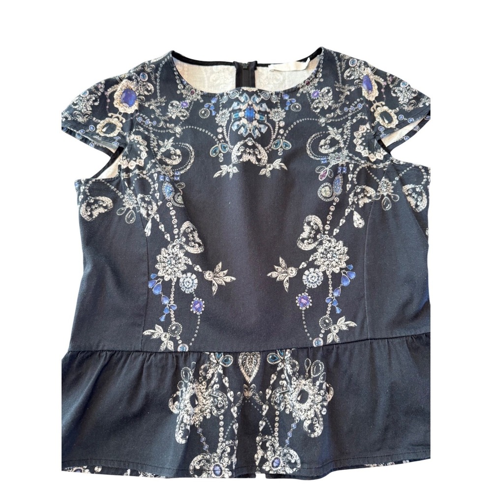 Anne Fontaine Saya Black Jewel Print Peplum Top Cap Sleeve Size 42 French